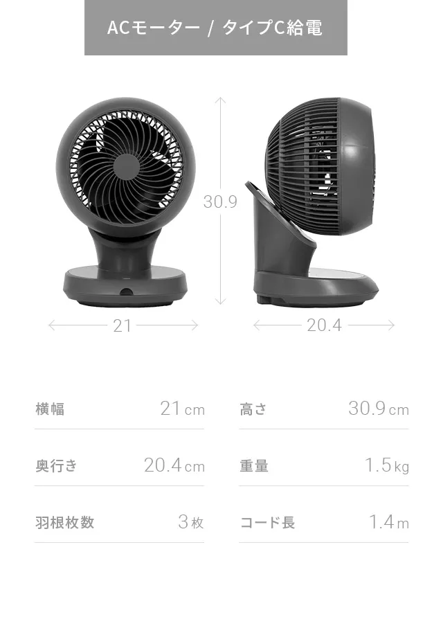 商品サイズ　ACモータータイプ／タイプC電源タイプ
