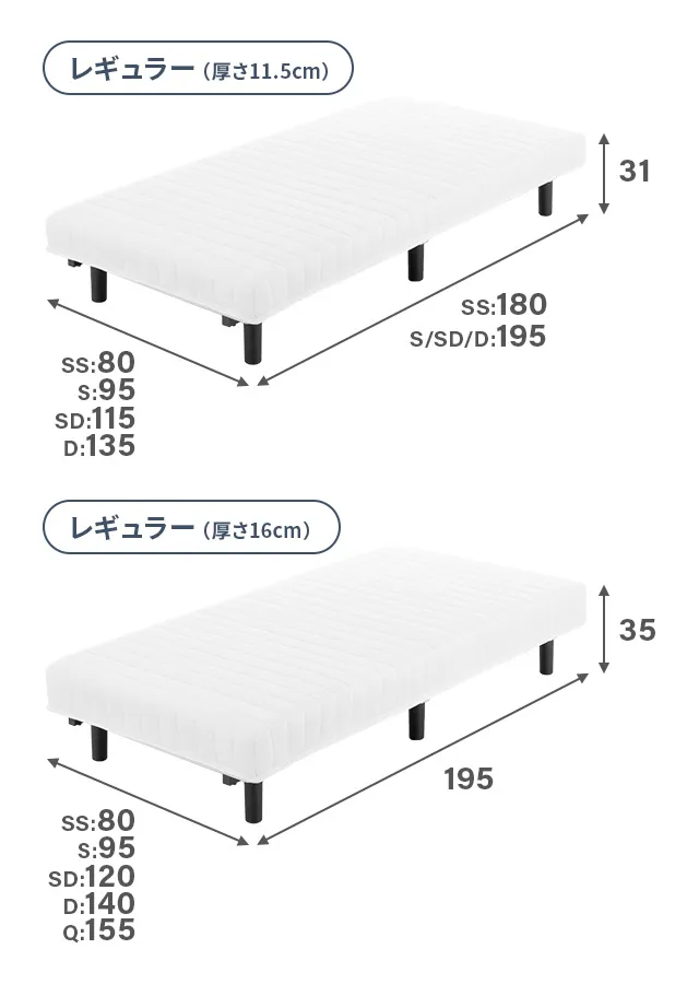 SS/S/SD/D/Q] 脚付きマットレス ボンネルコイル やさしい肌触り
