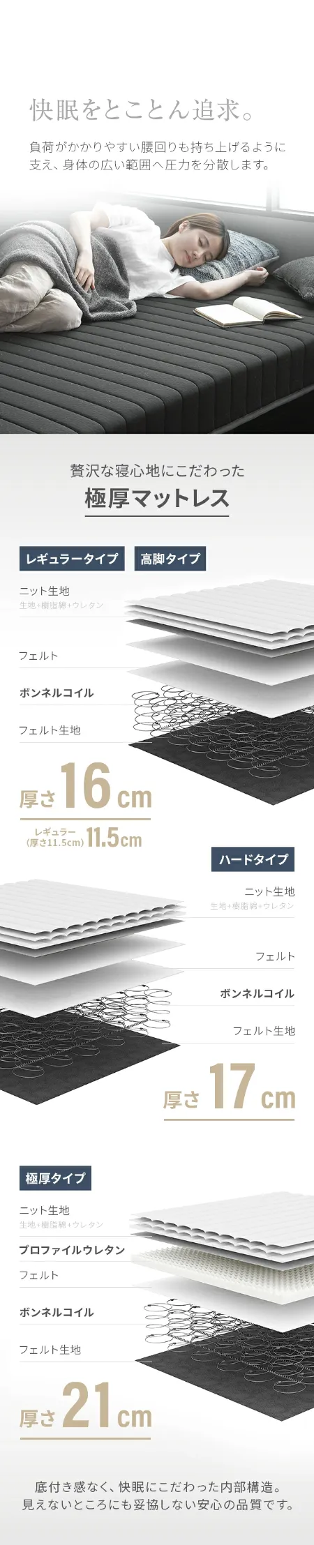 SS/S/SD/D/Q] 脚付きマットレス ボンネルコイル やさしい肌触り