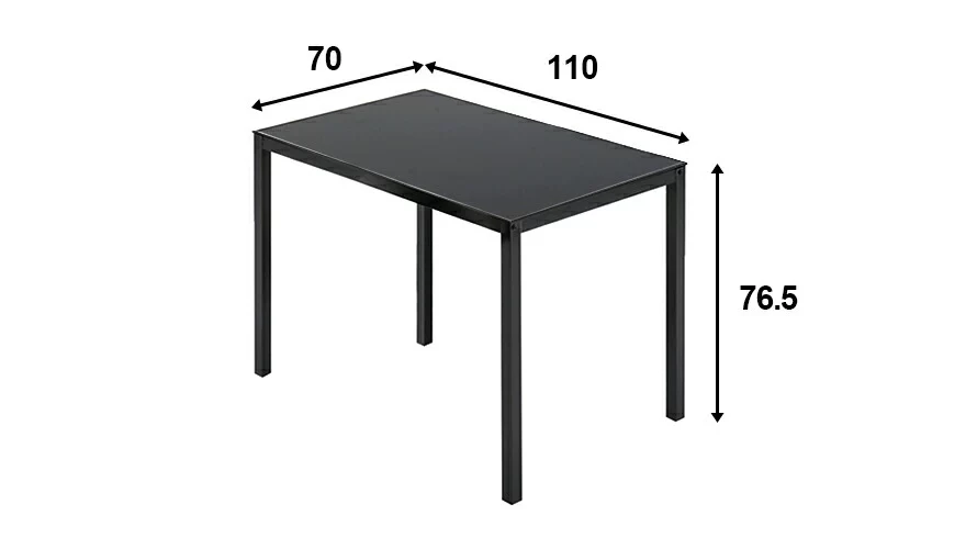 商品サイズ。テーブル。横幅約110cm、奥行き約70cm、高さ約76.5cm。
