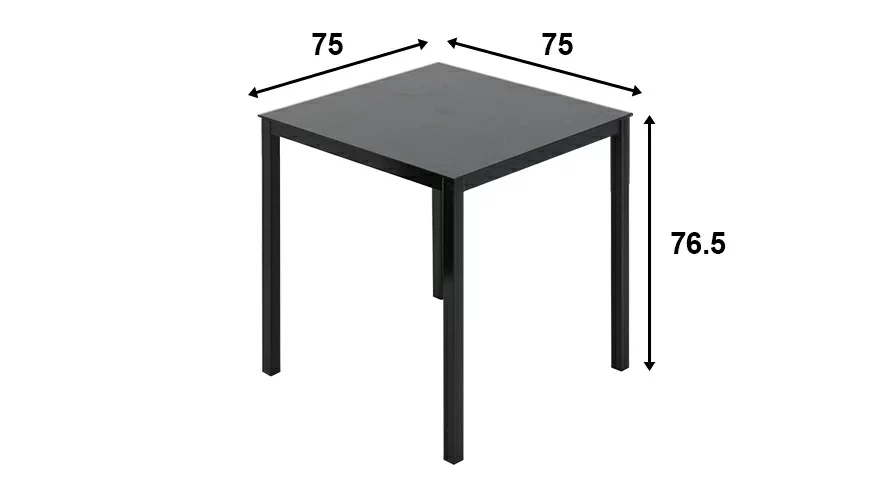 商品サイズ。テーブル。横幅約75cm、奥行き約75cm、高さ約76.5cm。