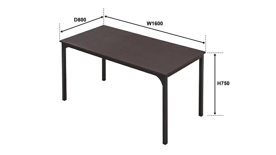テーブルサイズ。横幅約1600mm、奥行約800mm、高さ約750mm。