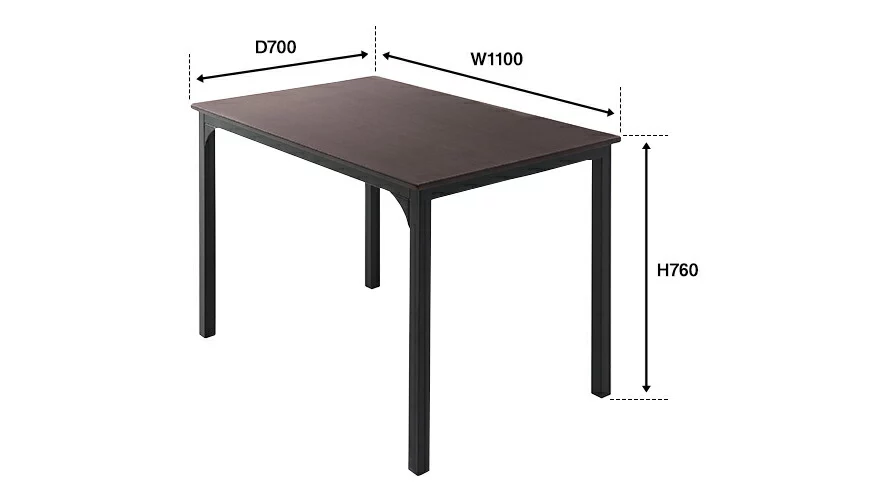 テーブルサイズ。横幅約1100mm、奥行約700mm、高さ約760mm。