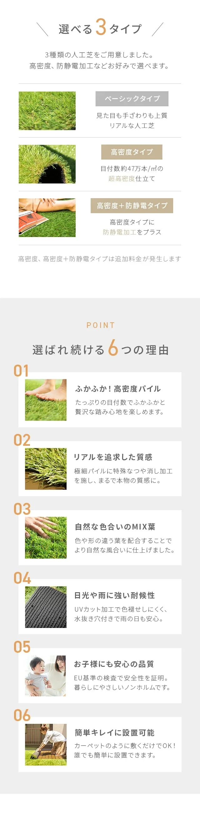 ３種類の人工芝イメージと６つのポイント