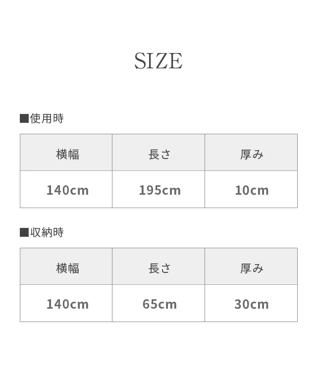SIZE、使用時（横幅：140cm、長さ：195cm、厚み10cm）、収納時（横幅：140cm、長さ：65cm、厚み：30cm）