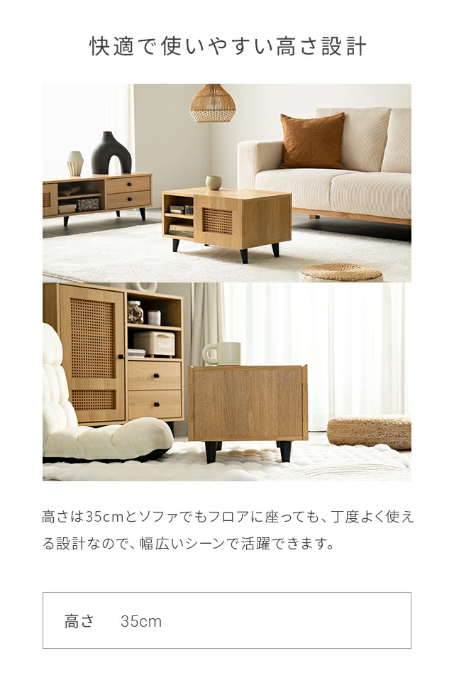 幅60cm ラタン調 デザインセンターテーブル 収納機能多彩