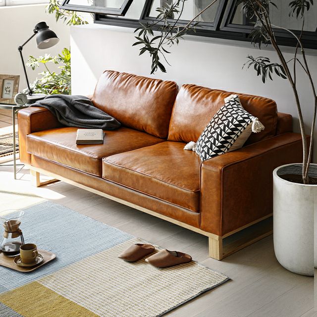 [幅183cm] 3人掛けレザーソファ 木脚 2人掛け ヴィンテージ風 スクエアフォルム