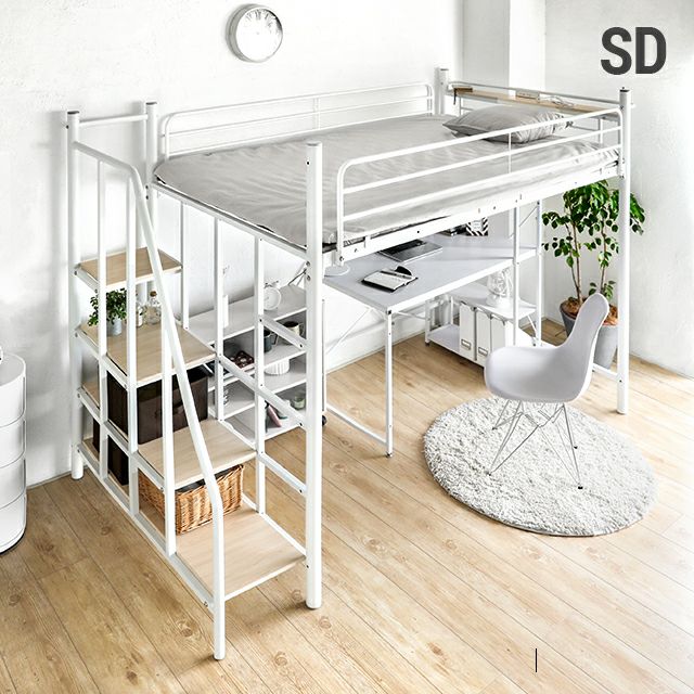 [セミダブル] ロフトベッド 階段タイプ USB+コンセント 多機能ヘッドボード 大容量収納 パイプベッド