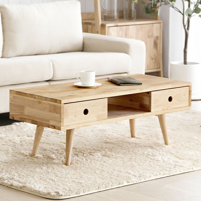 幅90cm 全2色 天然ラバーウッド製 収納付きコーヒーテーブル